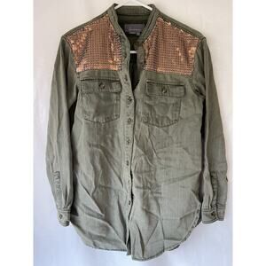 Anthropologie Women’s Green Cargo Bronze Sequin Button Up Shirt Size 2